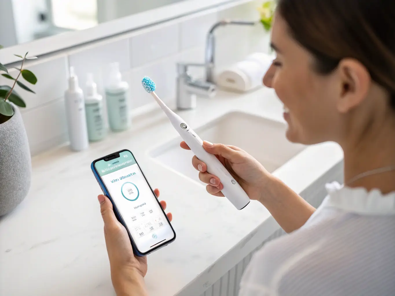 A person using the Teethjoy AI smart toothbrush while the companion app displays real-time data about their brushing habits and oral health.