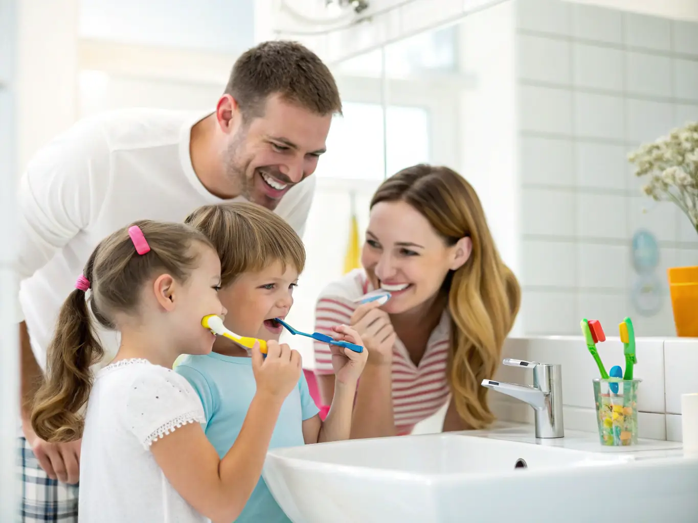 A family smiling confidently, showcasing the benefits of using the Teethjoy AI smart toothbrush for maintaining optimal oral health.
